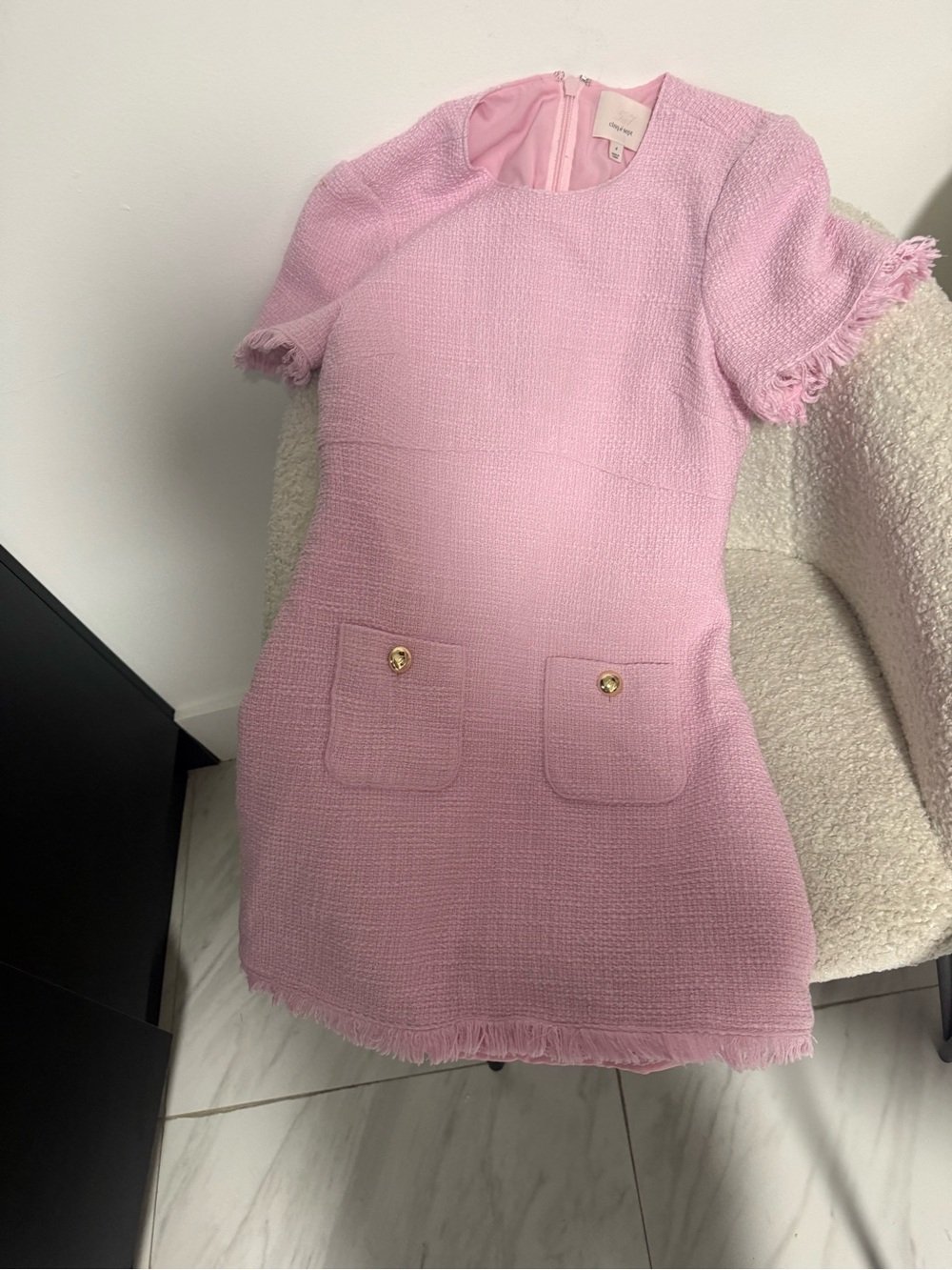 cinq a sept Girls Pink Tweed Pocket Shift Dress